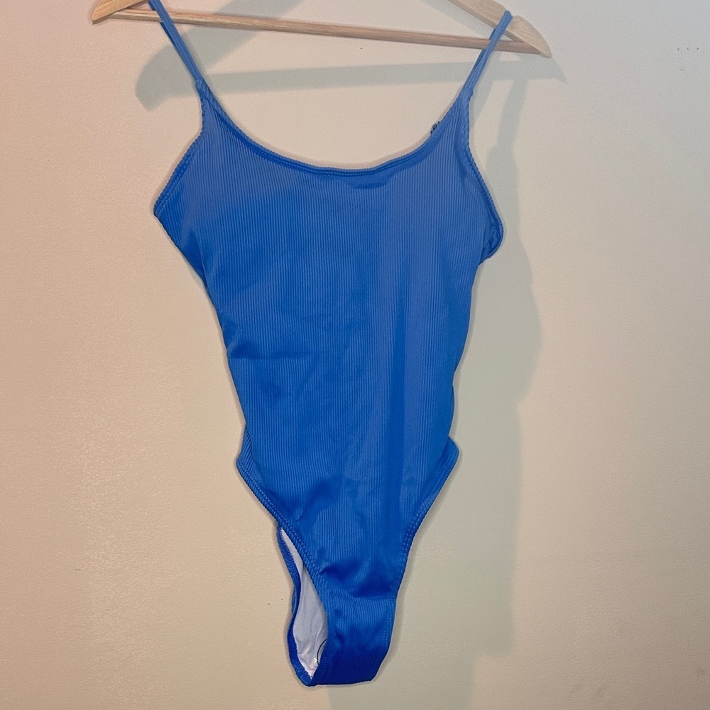 Elegant Blue Women's One Piece Swimsuit, high cut leg, Small